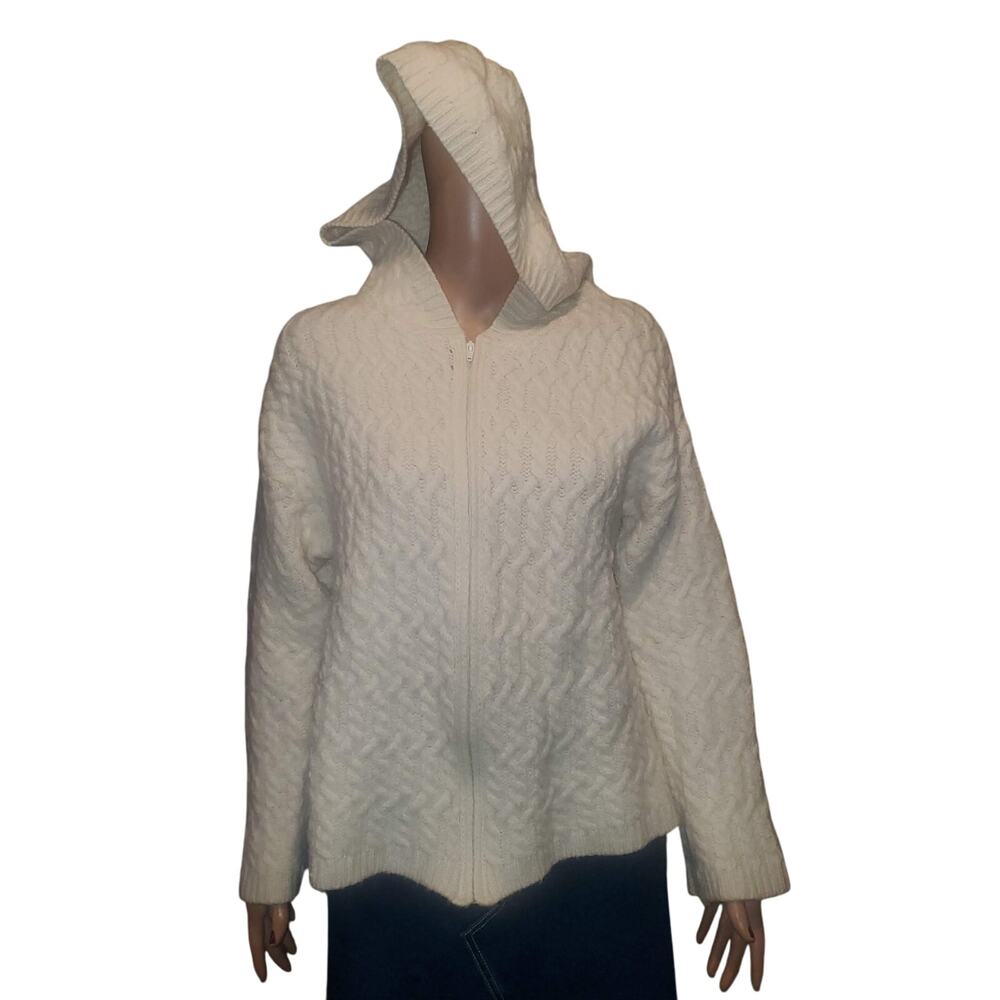 Aran Crafts Ireland Merino Wool Cable Knit Hooded Zip Sweater L White/Cream